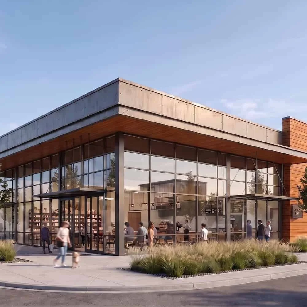 Modern brick and glass storefront with people walking in and out, greenery in front, and a blue sky above.