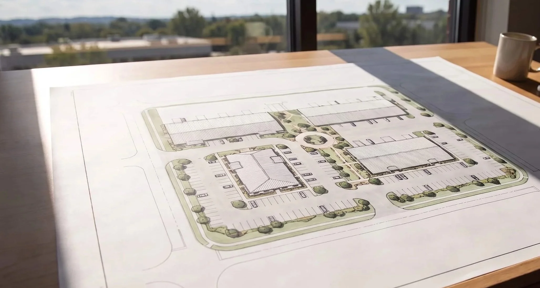 Architectural site plan on a table near a large window, with a coffee mug in the background.