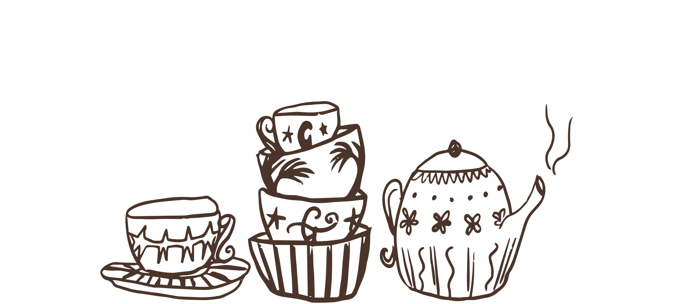Tegning af te- og kageartikler, herunder en kop te, en skål kage, en cupcake og en dekorativ tekande.