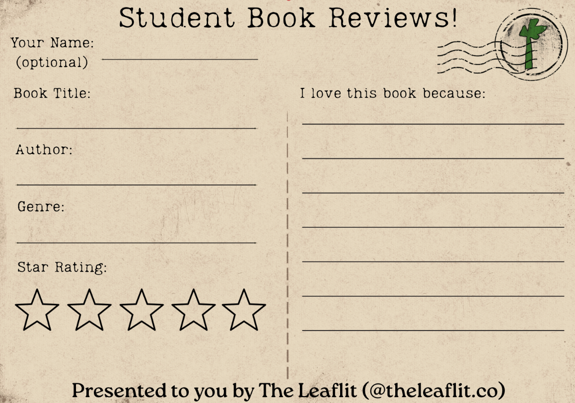 A printable template for student book reviews, featuring sections for the student's name, book title, author, genre, star rating, and reasons for liking the book. The design resembles a vintage postcard with a stamp and postmark in the upper right corner.
