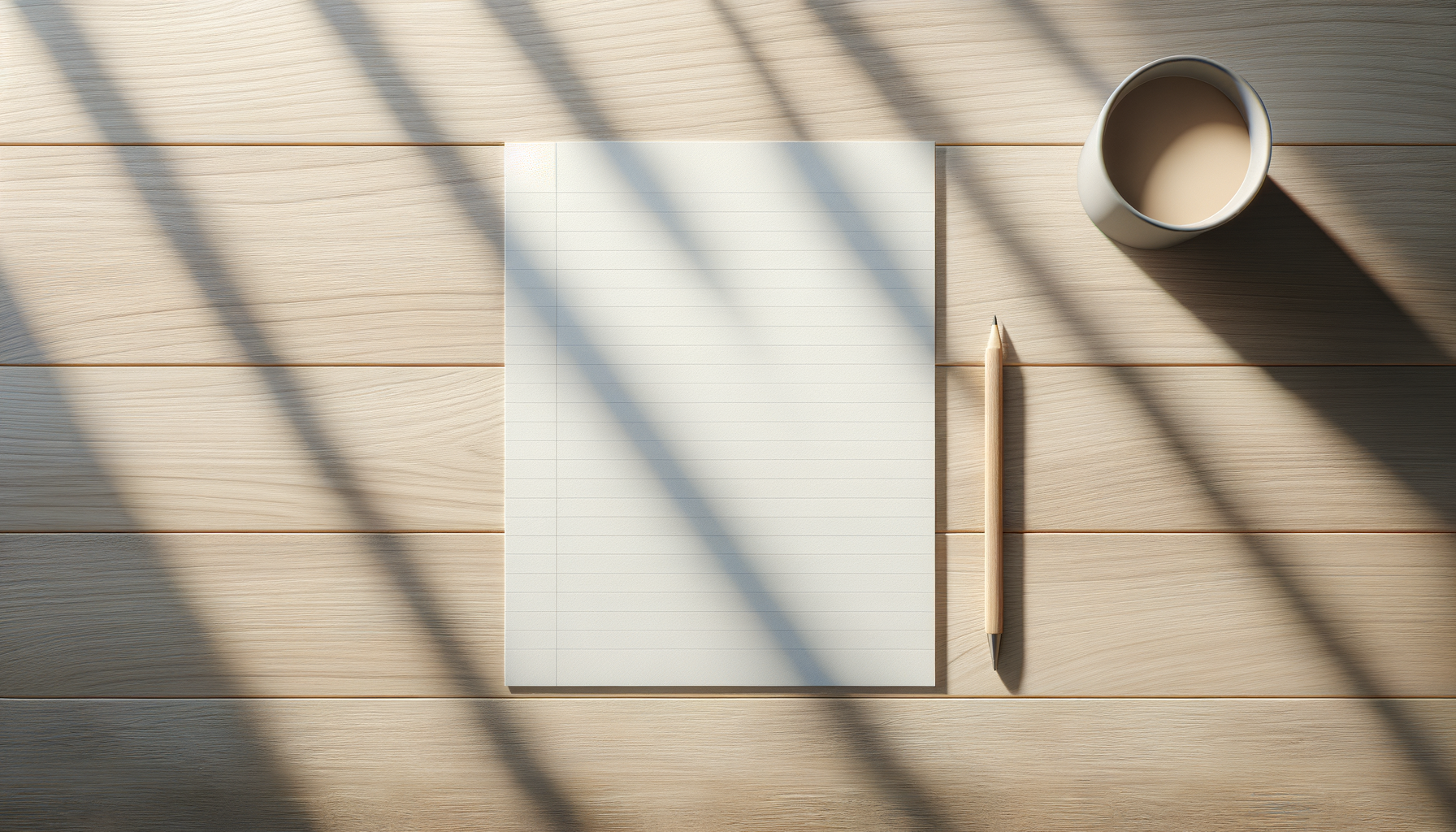A wooden desk with a sheet of lined notebook paper, a pen, and a cup of coffee, with sunlight casting shadows.