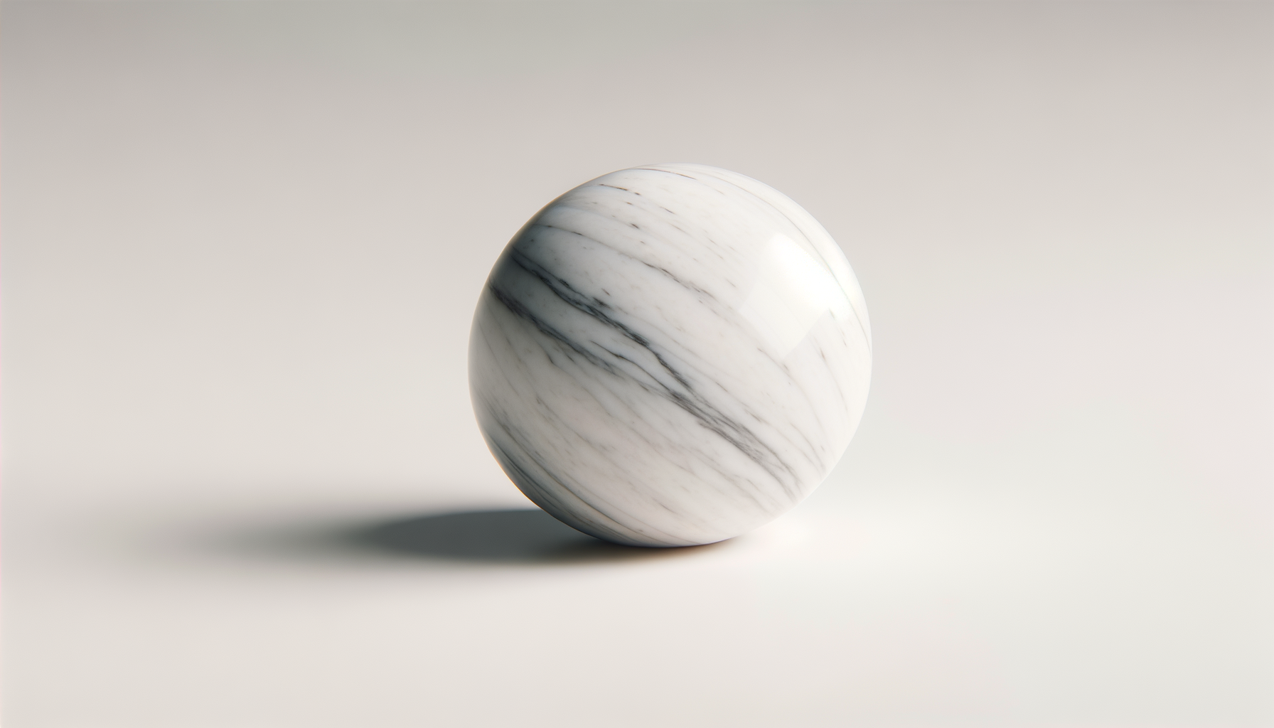 A white marble sphere with black and gray veins, casting a soft shadow on a plain, light-colored surface.