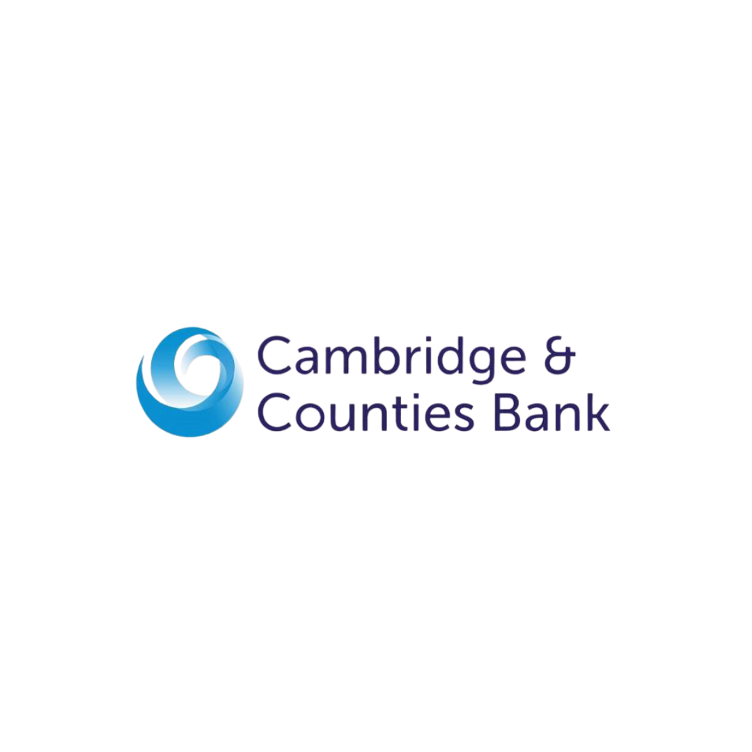 Cambridge & Counties Bank logo with a blue swirl icon and the bank's name in purple text.