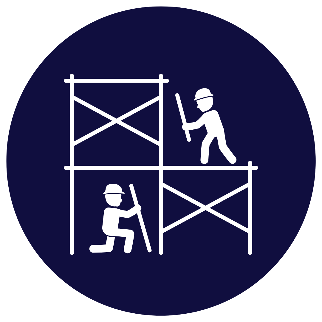 Construction workers wearing helmets working on scaffolding.