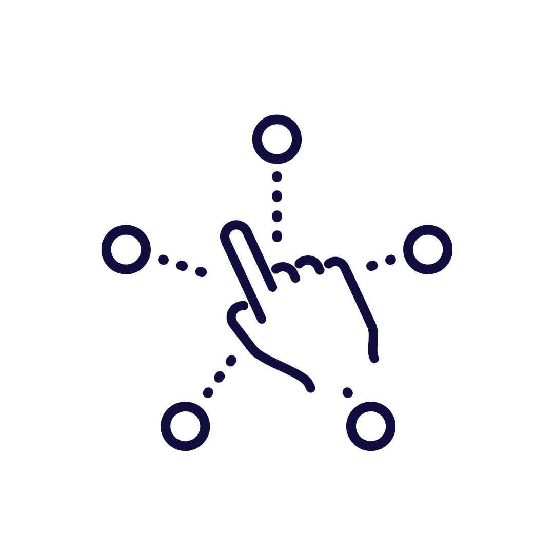 Illustration of a hand touching a central point with four dotted lines extending to four circles, indicating a network or connection concept.