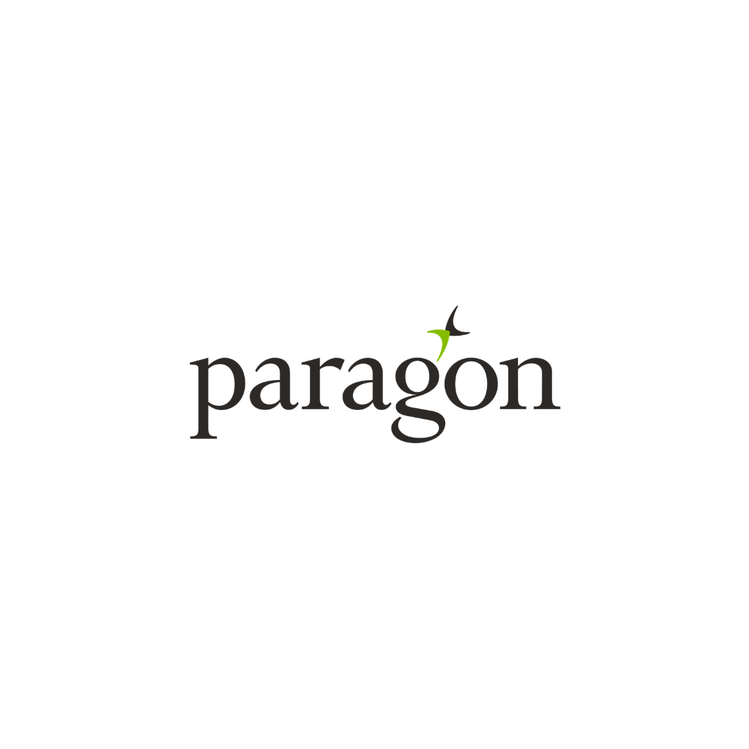 Paragon logo with black text and a green and black stylized bird or flight symbol above the letter 'a'