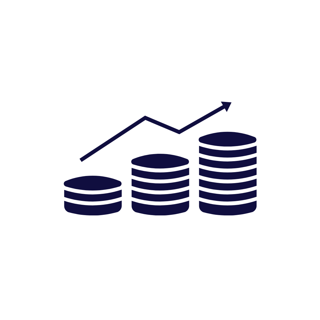 Stacked coins with an upward trending line graph over them, representing growth or financial increase.
