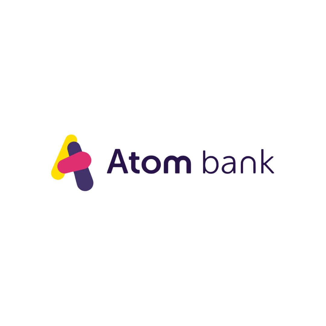 Logo of Atom Bank with stylized 'A' and the text 'Atom bank' in purple on a white background.