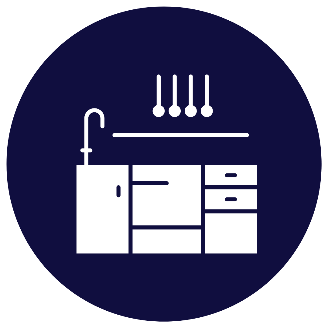 Icon of a kitchen sink with hot water faucet, a stove with four burners emitting heat, and a cabinet with drawers.