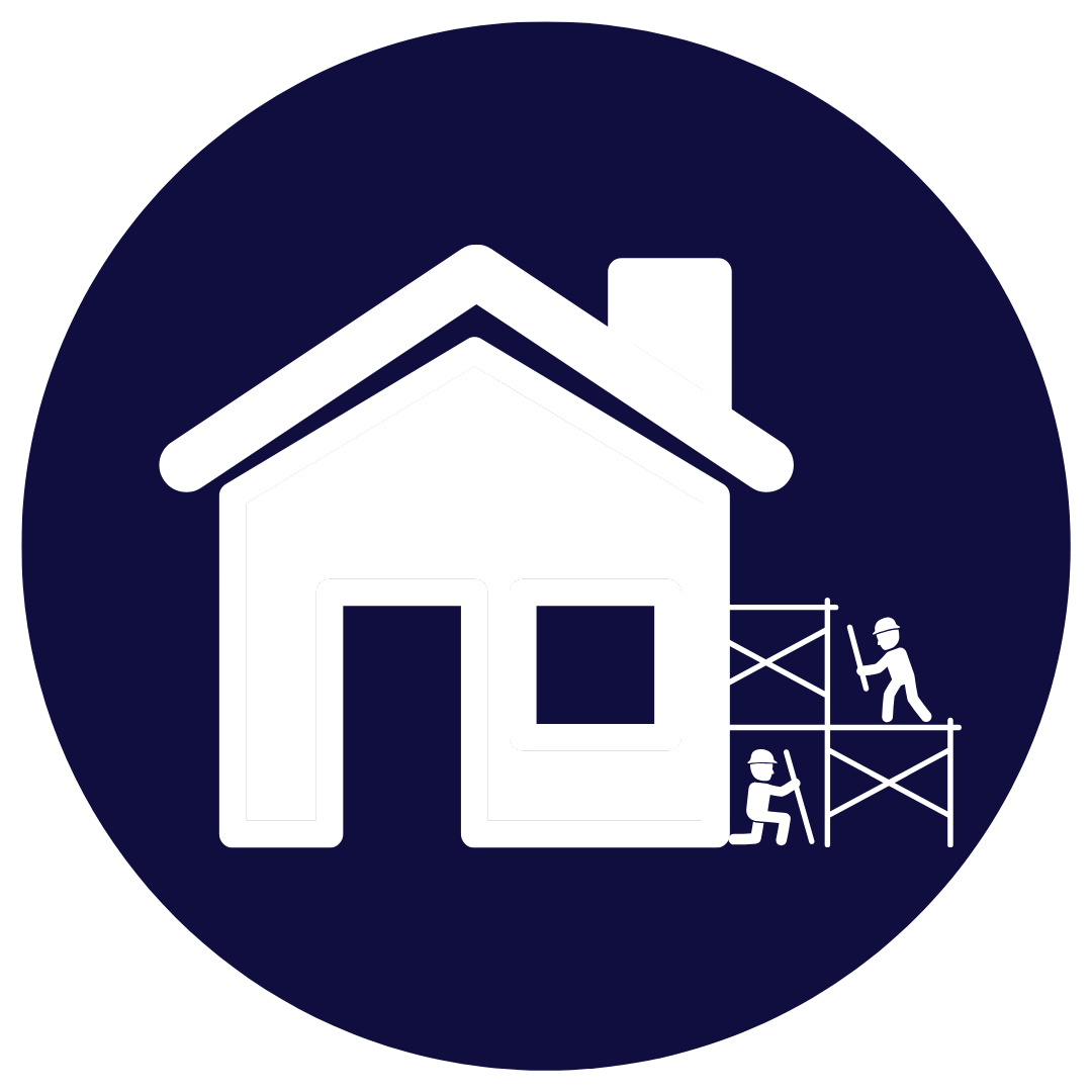 Icon of a house under construction with two workers wearing hard hats, one standing on scaffolding and the other kneeling.