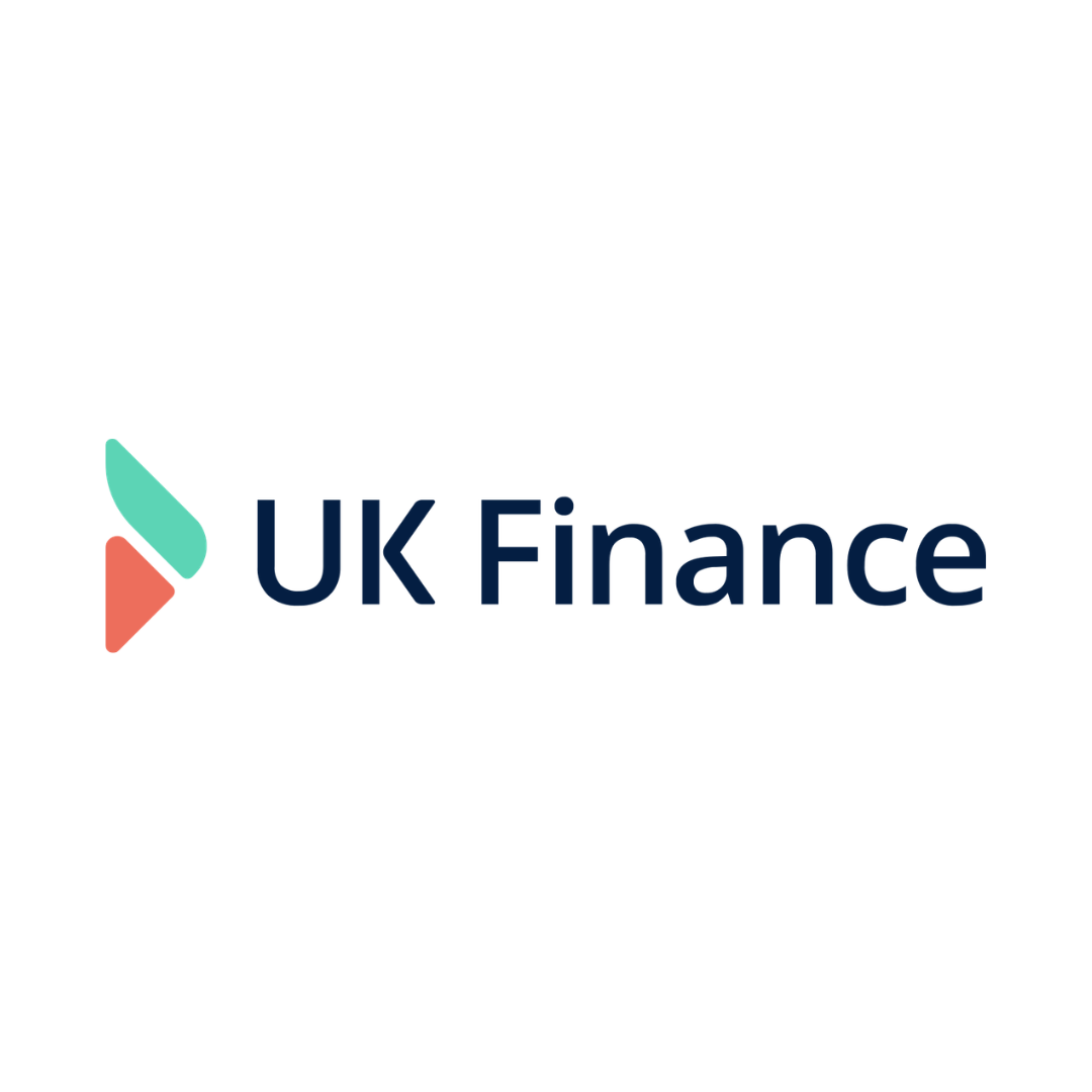 UK Finance logo with abstract teal and coral shapes and the words 'UK Finance' in navy blue text.