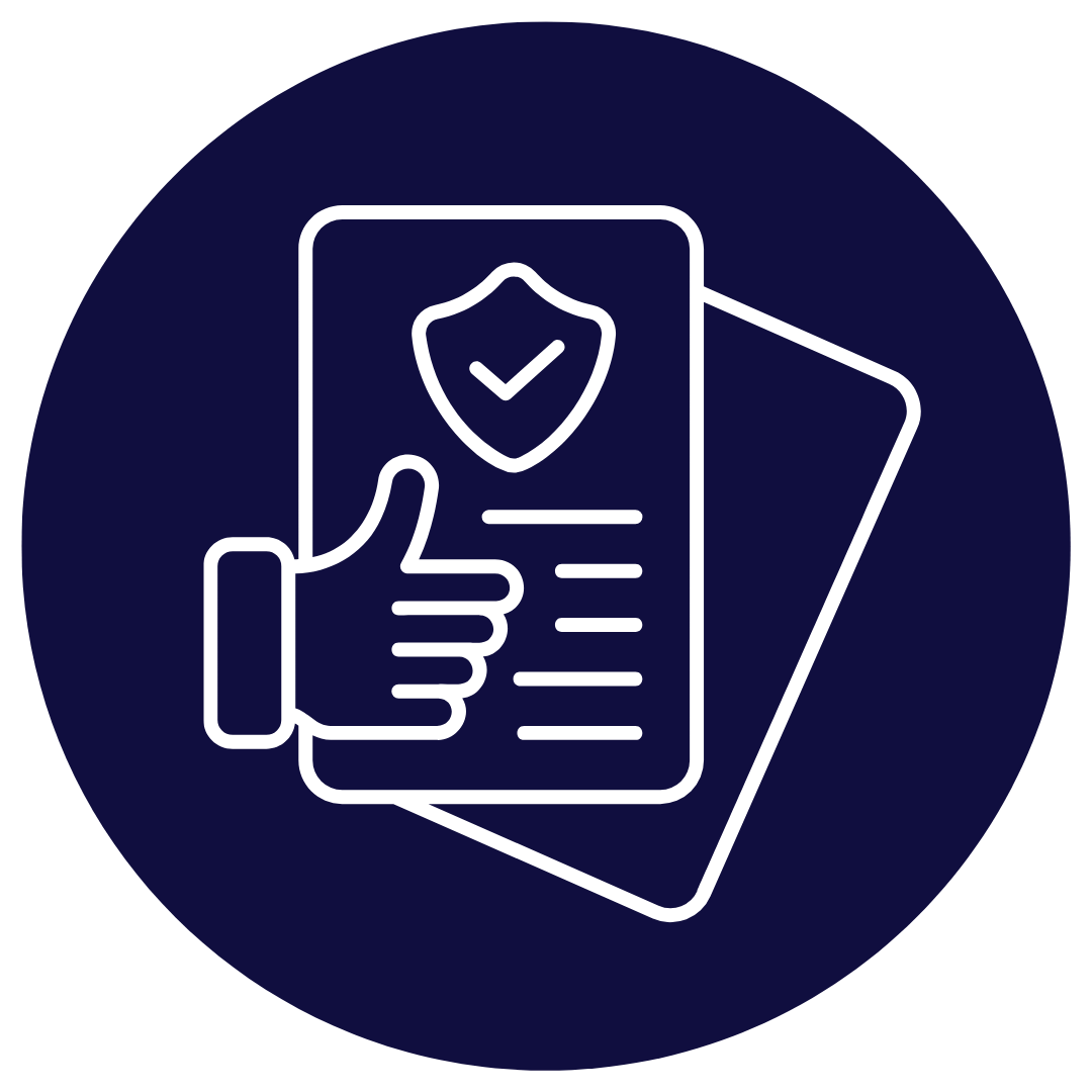 Icon of a smartphone with a shield and checkmark, held by a hand, next to paper documents.
