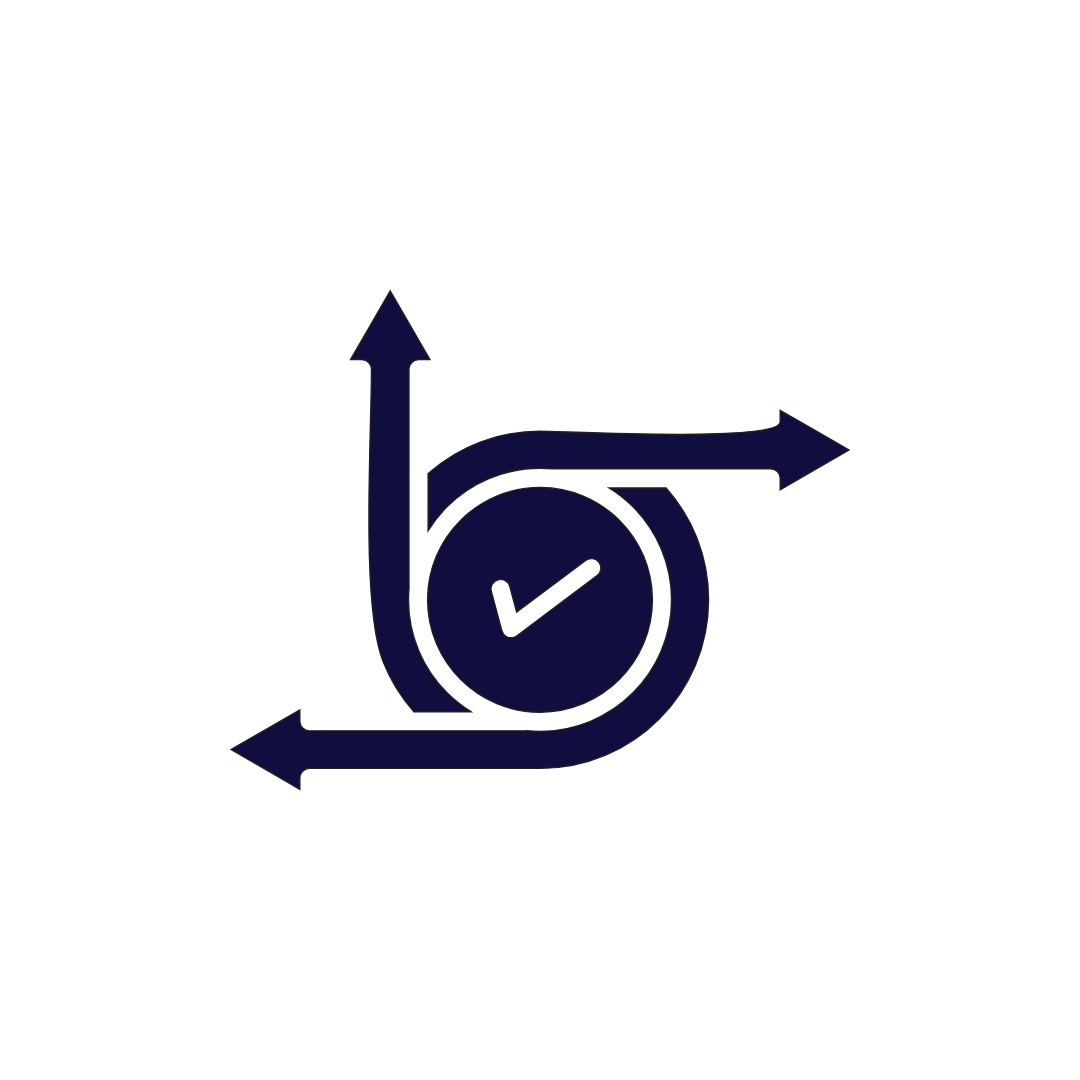 A black clock icon with check mark at the center, surrounded by a circular arrow and three directional arrows pointing up, down, and right.