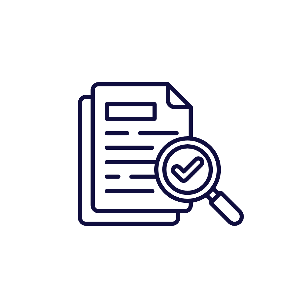 Icon of a document with a magnifying glass and a checkmark, symbolizing document review or approval.