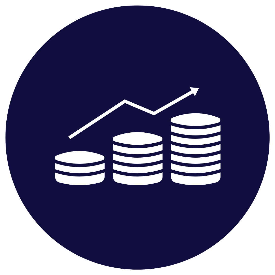 Icon of stacked coins with an upward trending line graph.