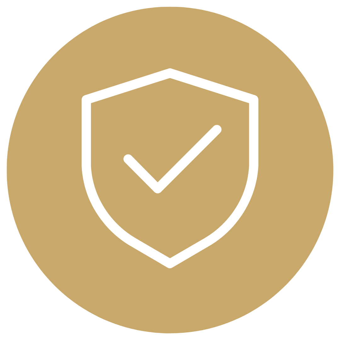 A shield icon with a checkmark inside on a gold circular background.