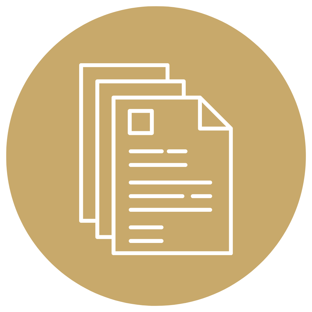 Illustration of multiple sheets of paper or documents, depicted with outline icons on a brown circular background.