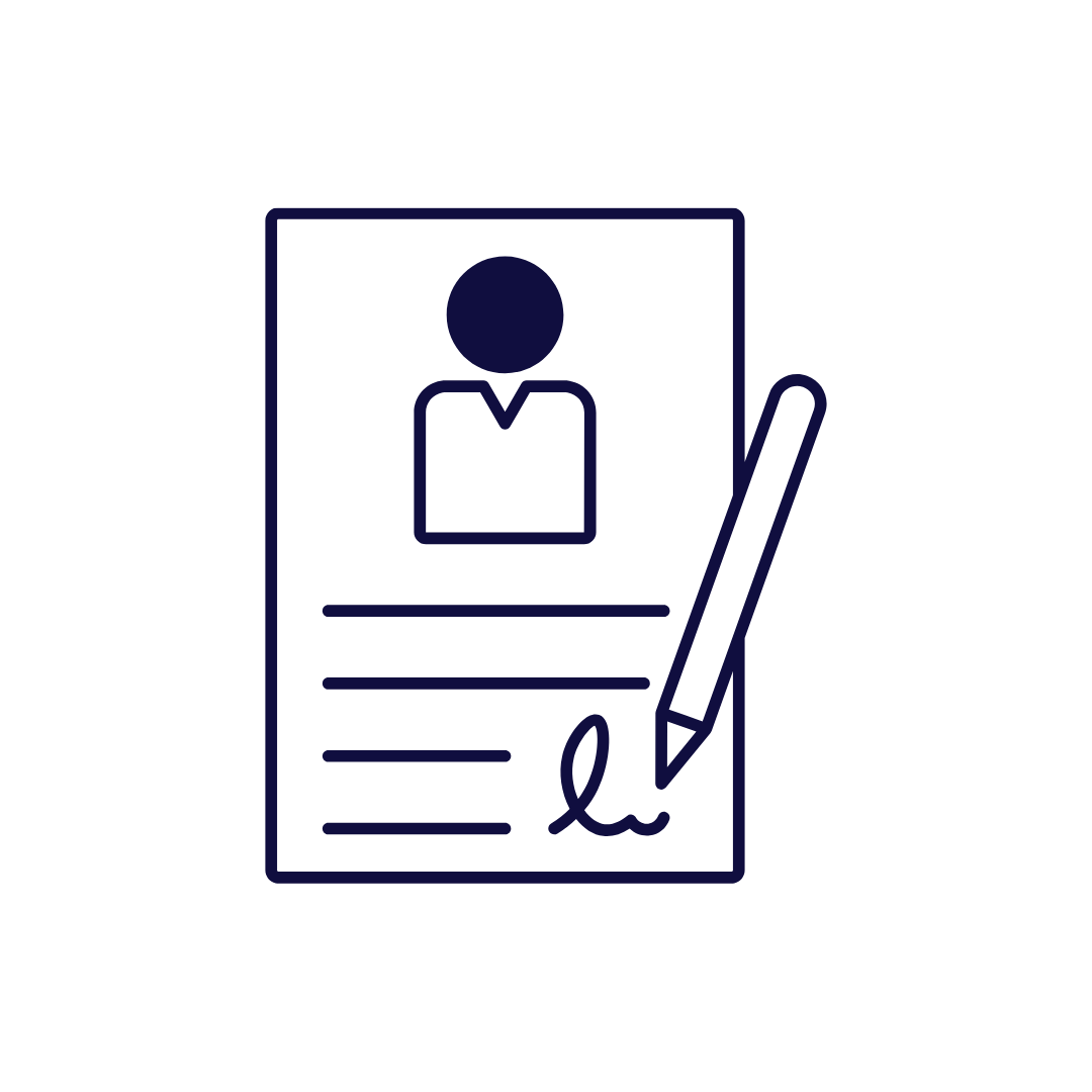 Outline of a person filling out a form with a profile picture, signature, and pen.