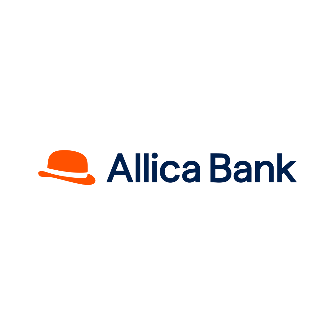 Allica Bank logo with an orange hat icon and navy blue text