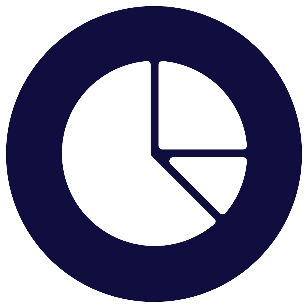 A dark blue circle containing a white pie chart with four sections, one of which is a small triangle pointing inward.
