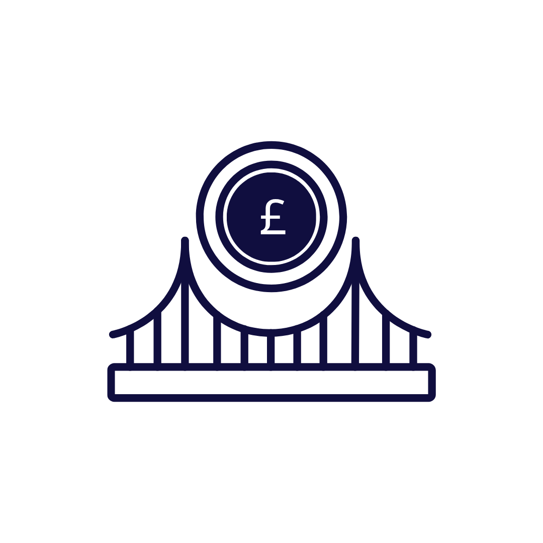 Outline of a bridge with a British pound symbol on top of a target icon.