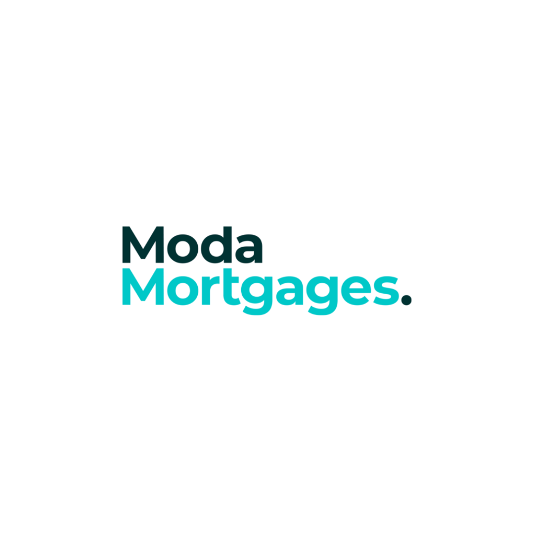 Logo with the words "Moda Mortgages" in black and teal text on a white background.