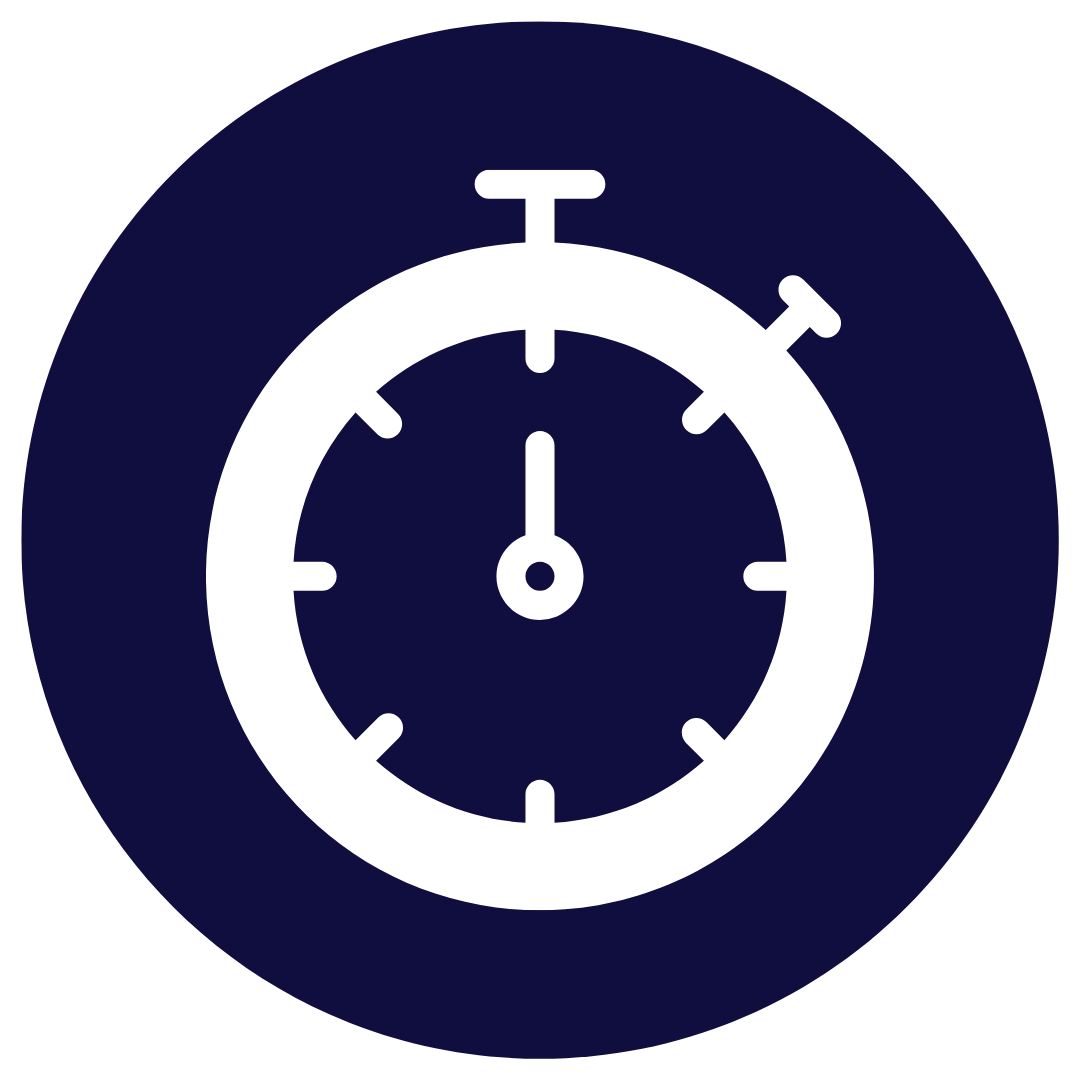 Icon of a stopwatch showing 12:00, with a dark blue background.