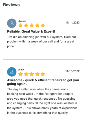 Screenshot of customer reviews for a repair service, showing five-star ratings from Jerry and Ken with positive comments about their experiences.