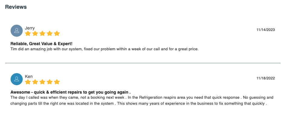 Screenshots of customer reviews for a repair service, each review includes a star rating, customer name, review date, and comments praising the service for reliability and efficiency.