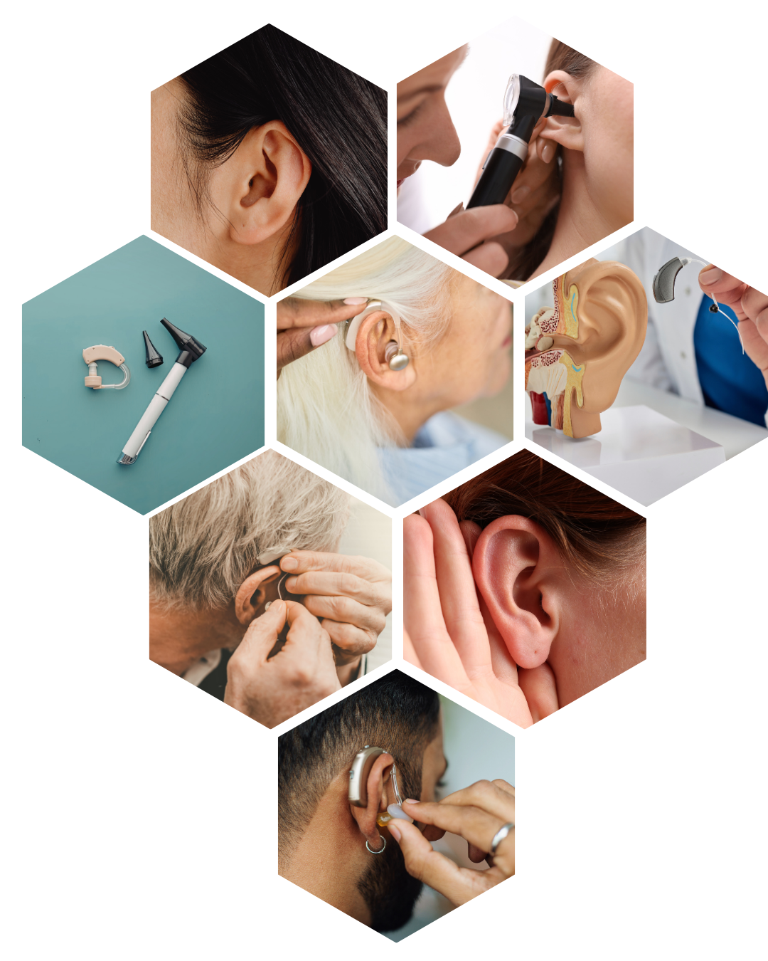 Collage of different hearing health care professionals examining and fitting hearing aids, including ENT doctors, audiologists, and audiology equipment.