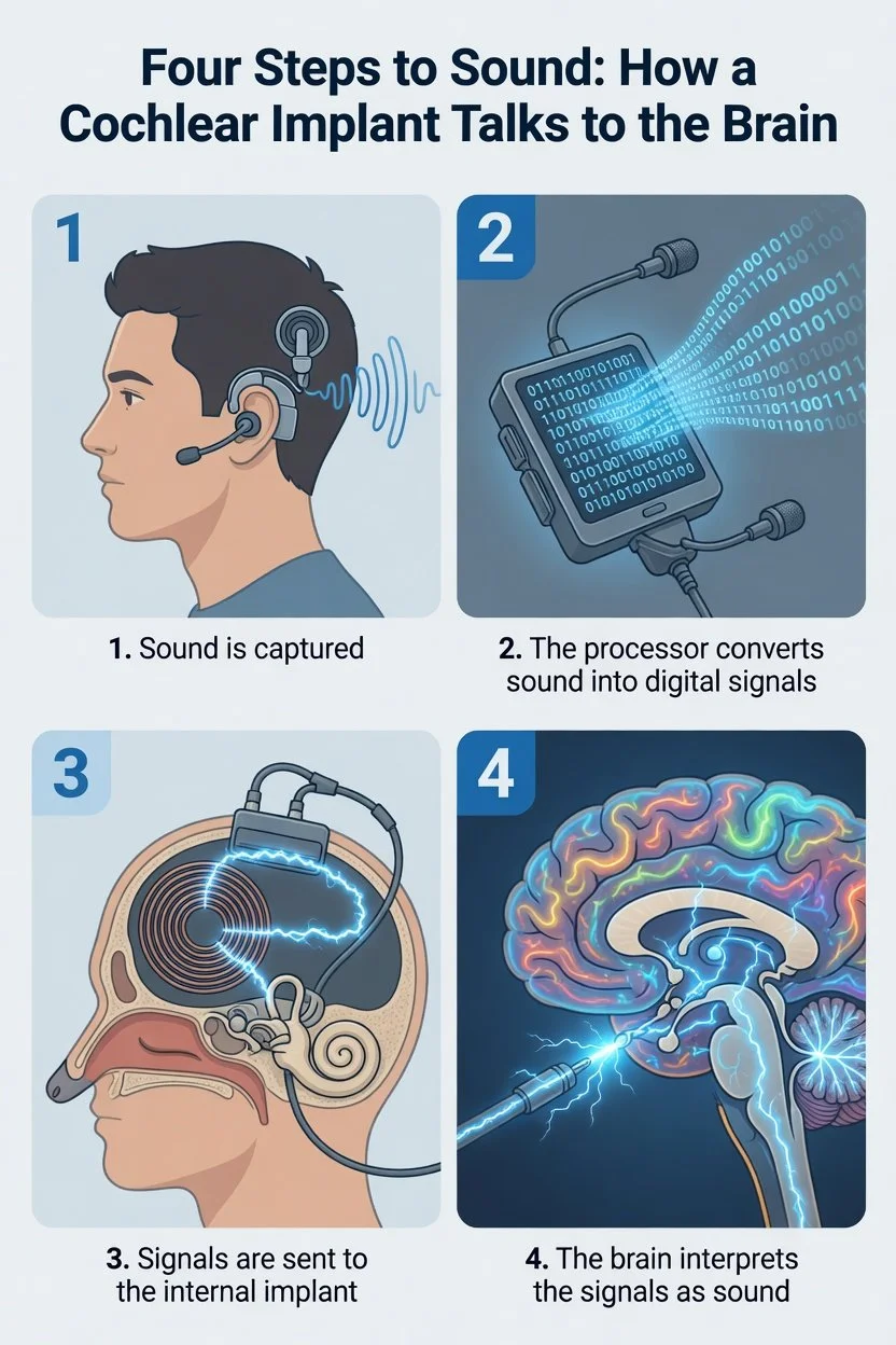 Four steps to sound: how a cochlear implant talks to the brain