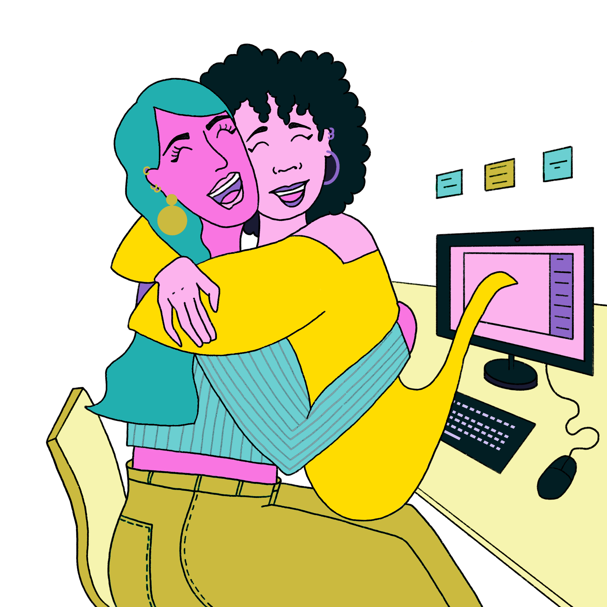 an abortion seeker and an abortion provider share a virtual hug during a telehealth encounter.