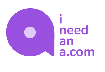The letter a in the shape of a purple speech bubble with the words i need an a.com stacked to the right.