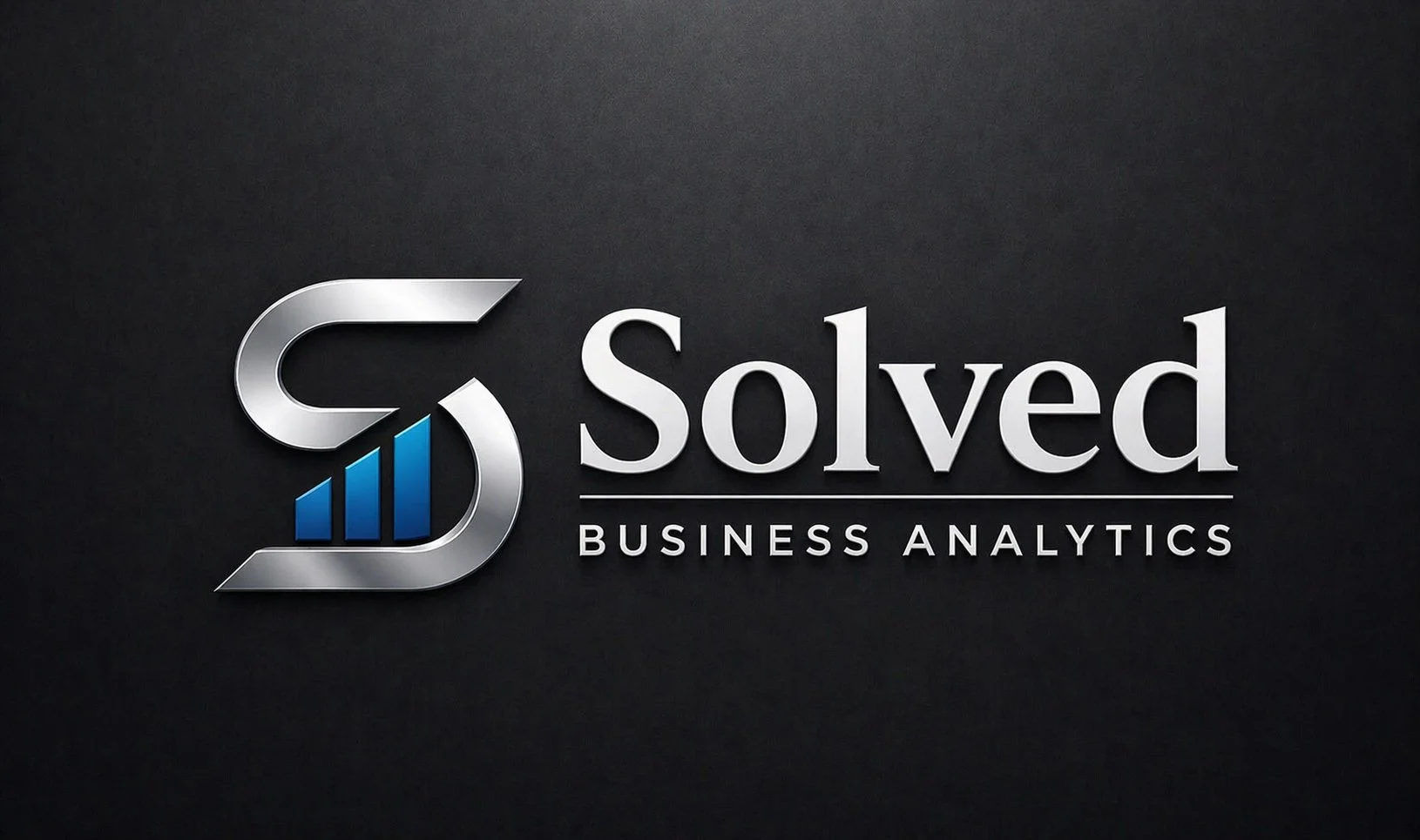 A logo with a stylized S containing a bar graph and the text "Solved Business Analytics" on a dark background.