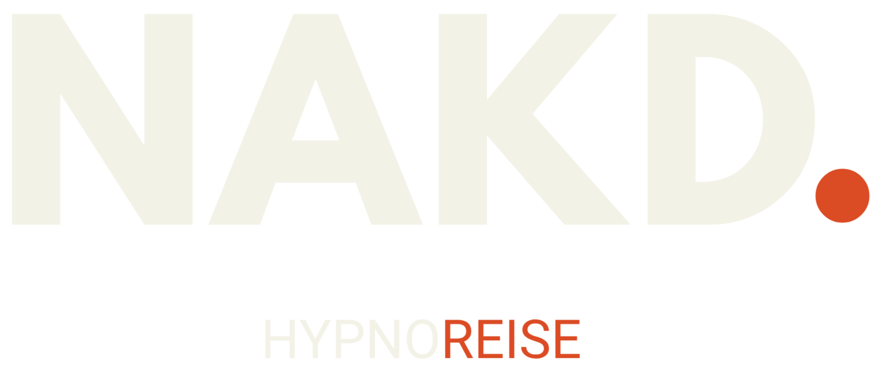 Logo mit dem Text "NAKED" in großen weißen Buchstaben, einem kleinen roten Punkt rechts unten, und darunter der Titel "HYPNOREISE" mit "HYPNO" in weiß und "REISE" in rot auf schwarzem Hintergrund.