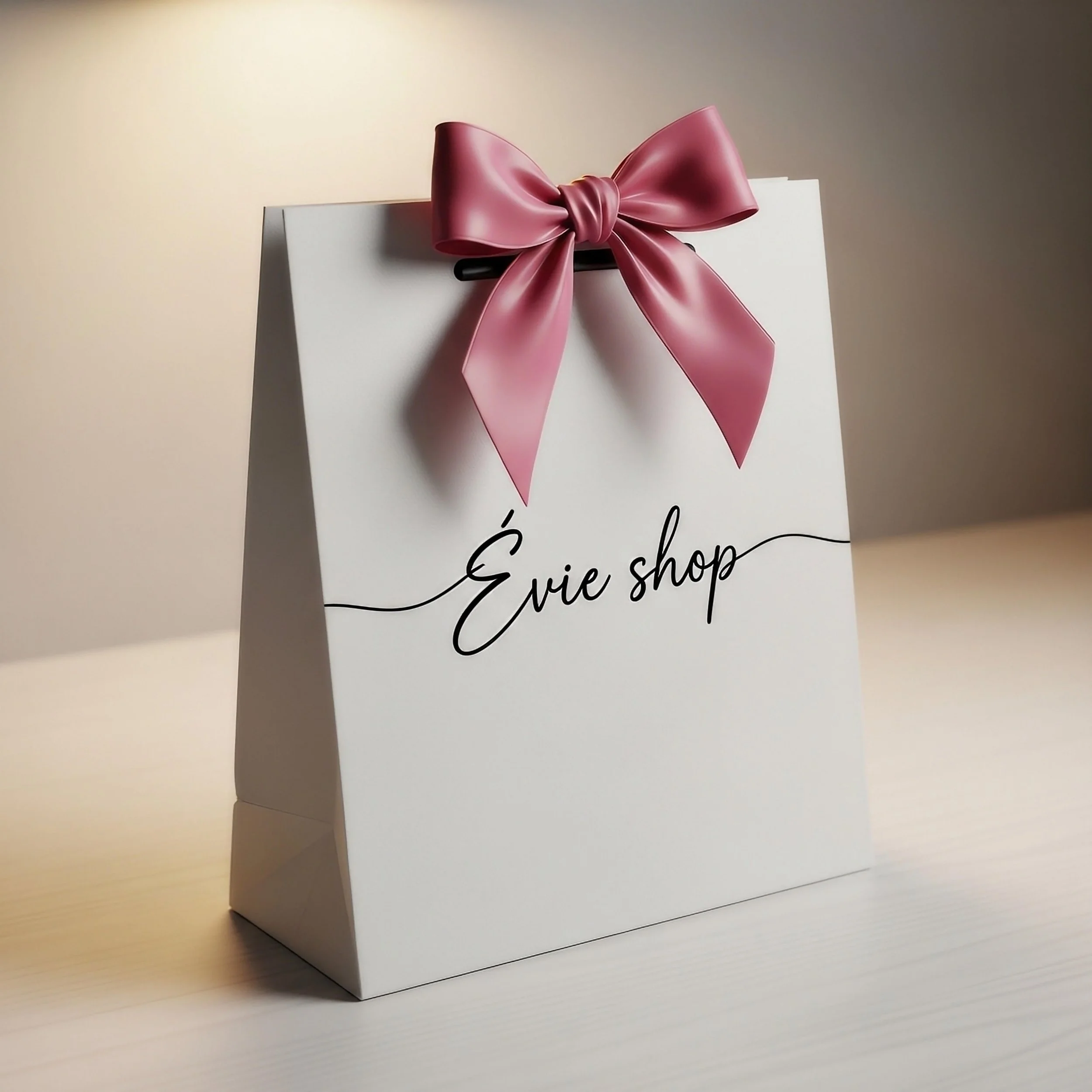 White gift bag with black cursive text that reads 'Évie shop' and a large pink satin bow on top.
