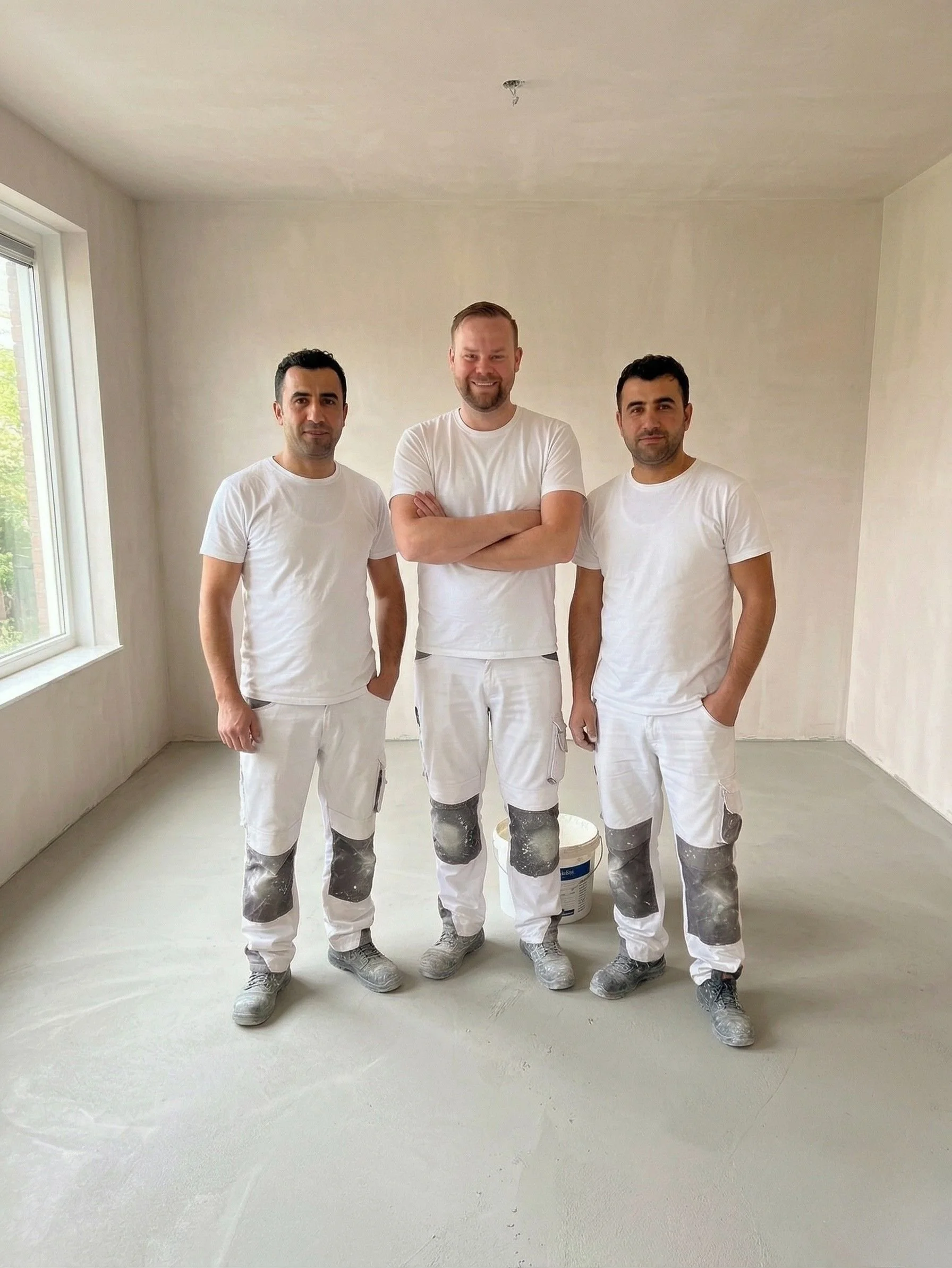 Drie professionele stukadoors in nieuwbouwwoning met strak gestucte wanden en plafond, glad pleisterwerk en egale afwerking voor een modern interieur.