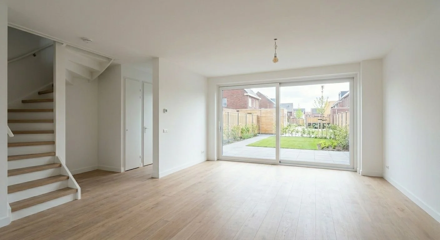 Strak gestucte wanden en plafond in moderne woonkamer met trap, glad pleisterwerk en hoogwaardige afwerking, professioneel stucwerk voor een lichte en strakke nieuwbouwwoning met grote raampartij en tuinzicht