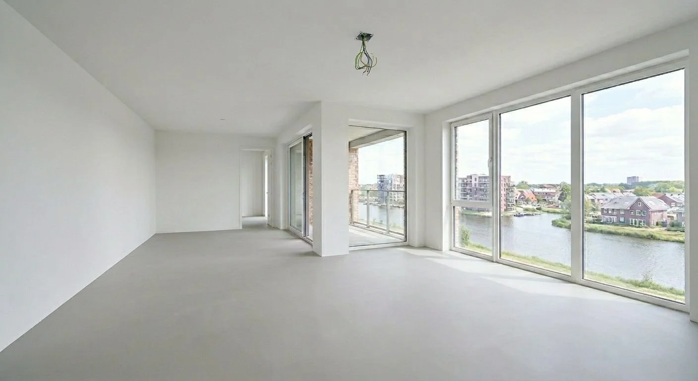 Strak gestucte wanden en plafonds in moderne nieuwbouwwoning, glad pleisterwerk met naadloze afwerking en veel lichtinval, professioneel stucwerk door ervaren stukadoor voor een strak interieur