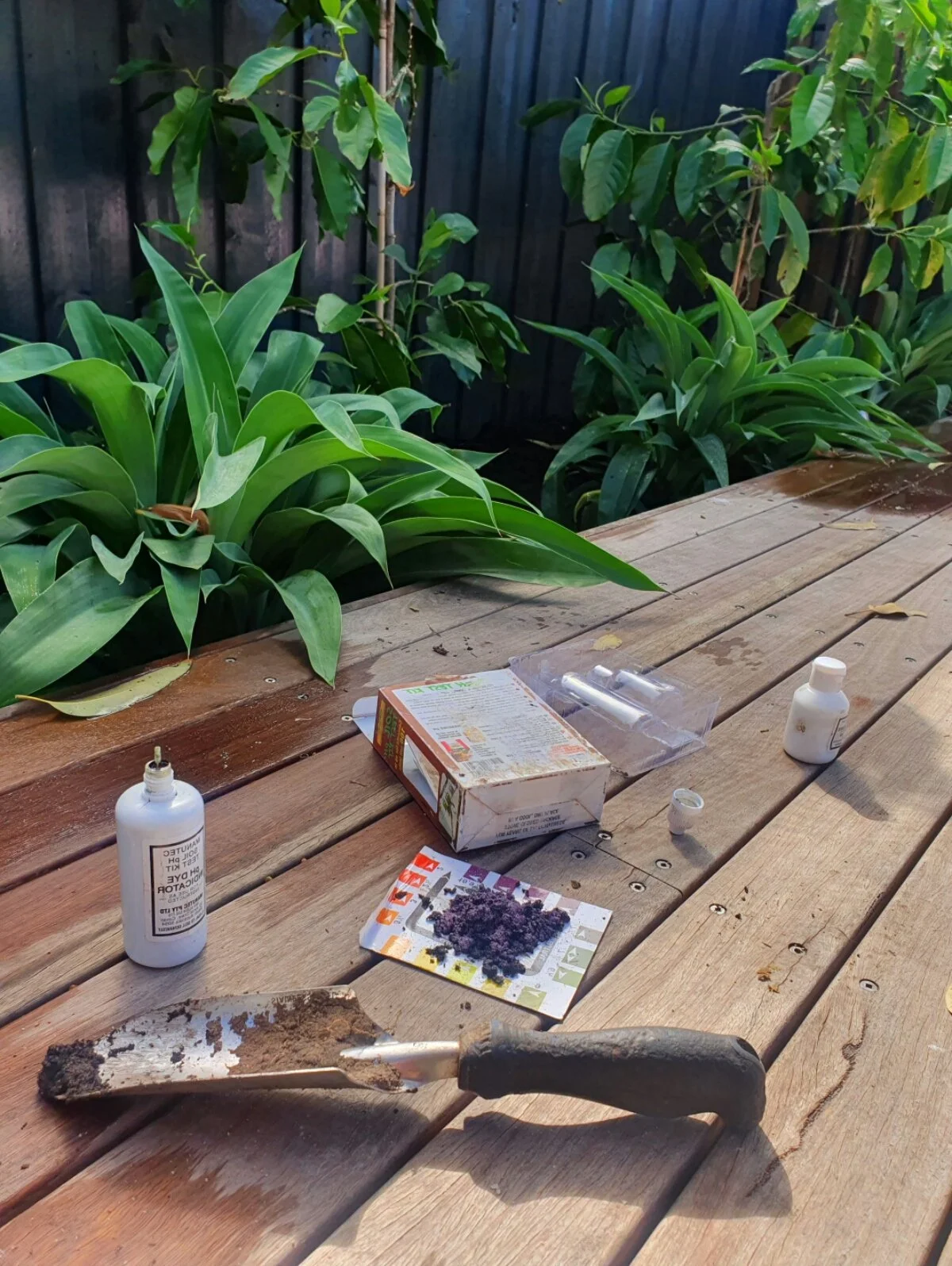 Garden scene with plants and gardening supplies on a wooden deck, including a trowel with dirt, small bottles, a seed packet, and plant labels.