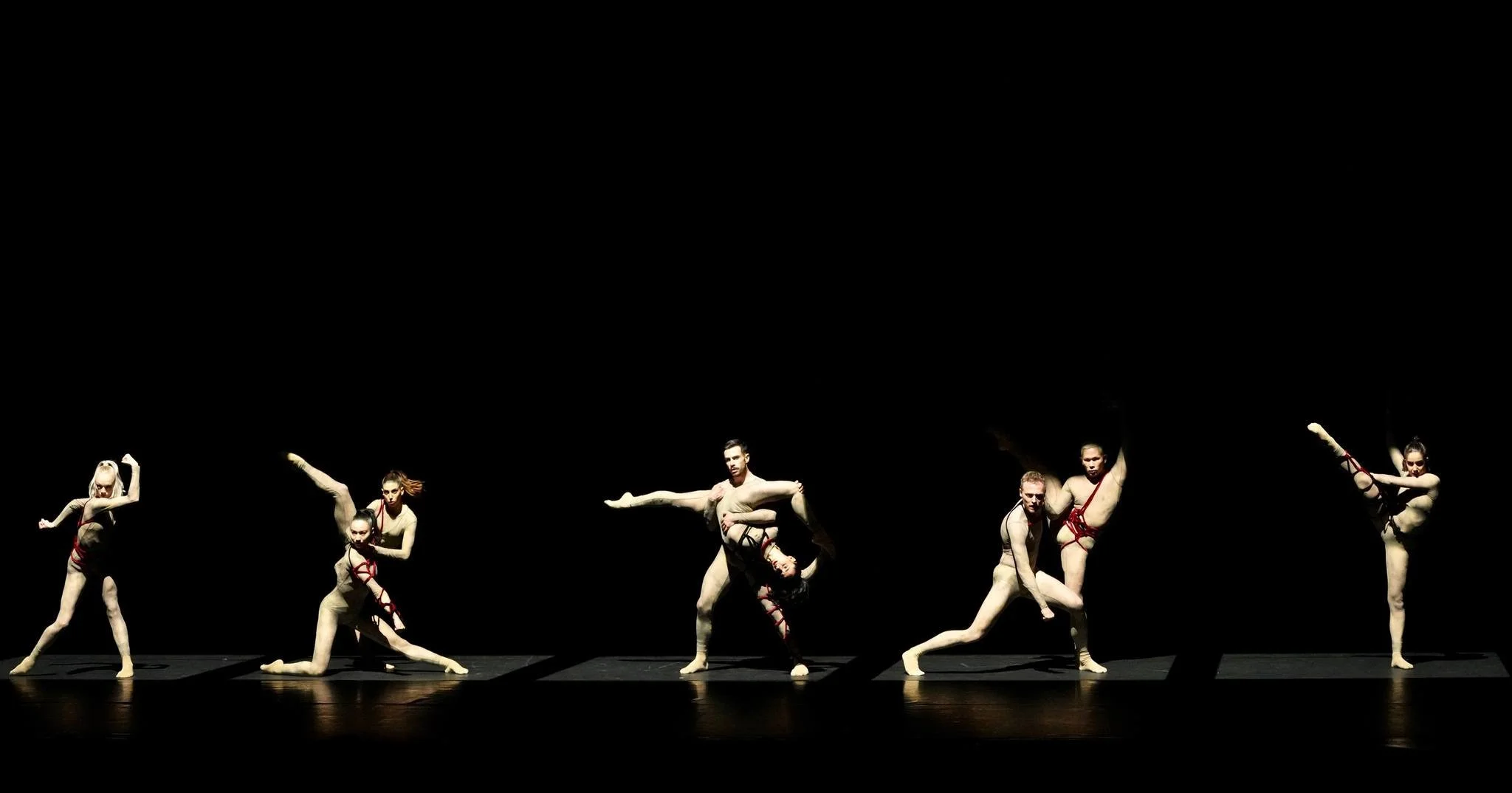 Tänzerinnen und Tänzer in Bewegung auf einer dunklen Bühne, beim Ballett oder zeitgenössischen Tanz, teils in solistischen Posen, verbunden durch Ausdruck und Technik.