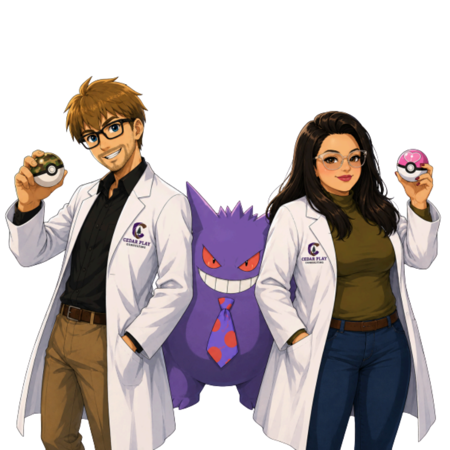 Illustration of two people, a man and a woman, dressed in white lab coats with 'Cedar Play Counseling' logos, each holding a Pokéball, with Pokémon Gengar standing between them.