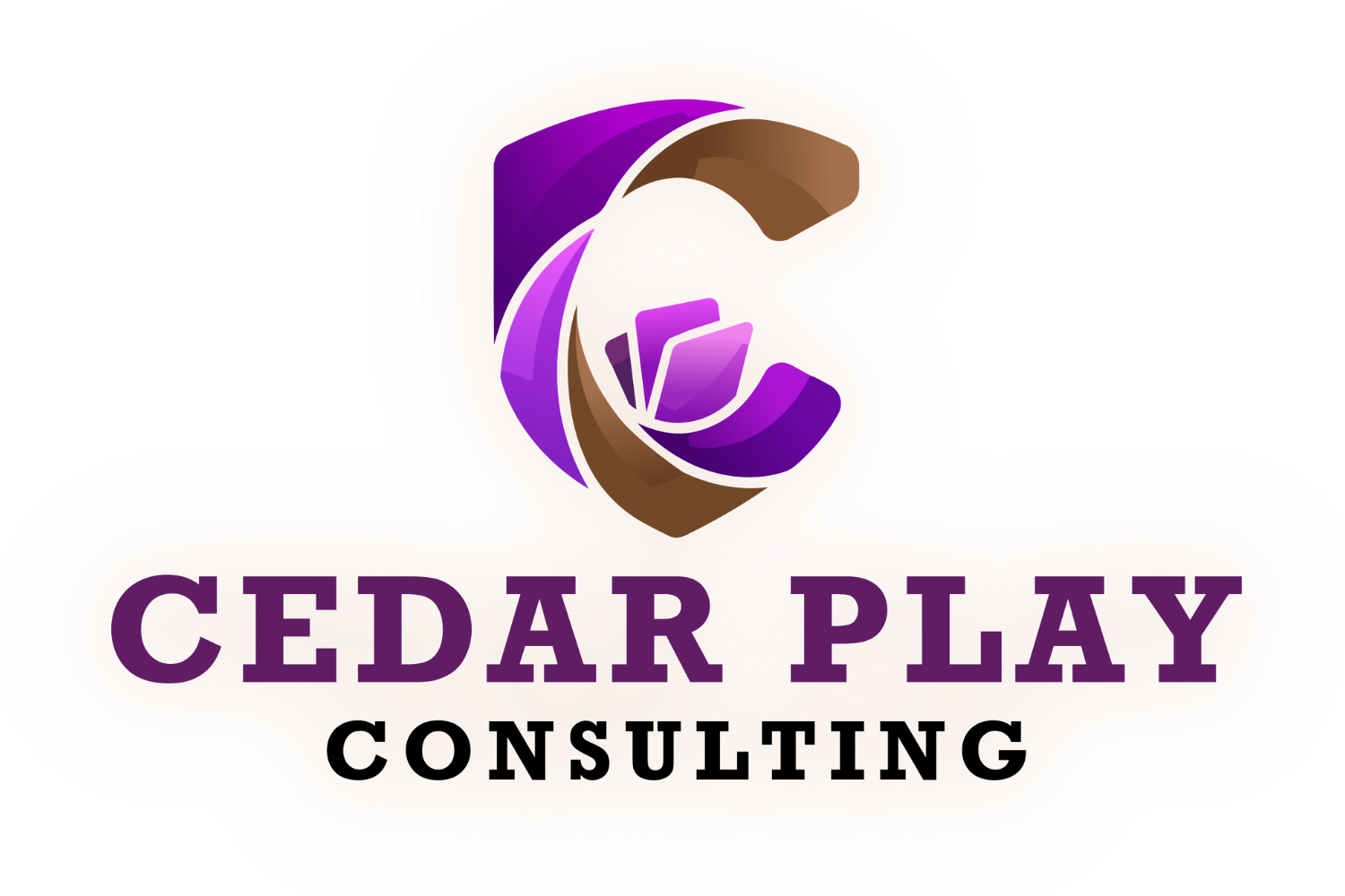 Logo for Cedar Play Consulting featuring a stylized purple and brown camera shutter icon above the company name in purple and black text.