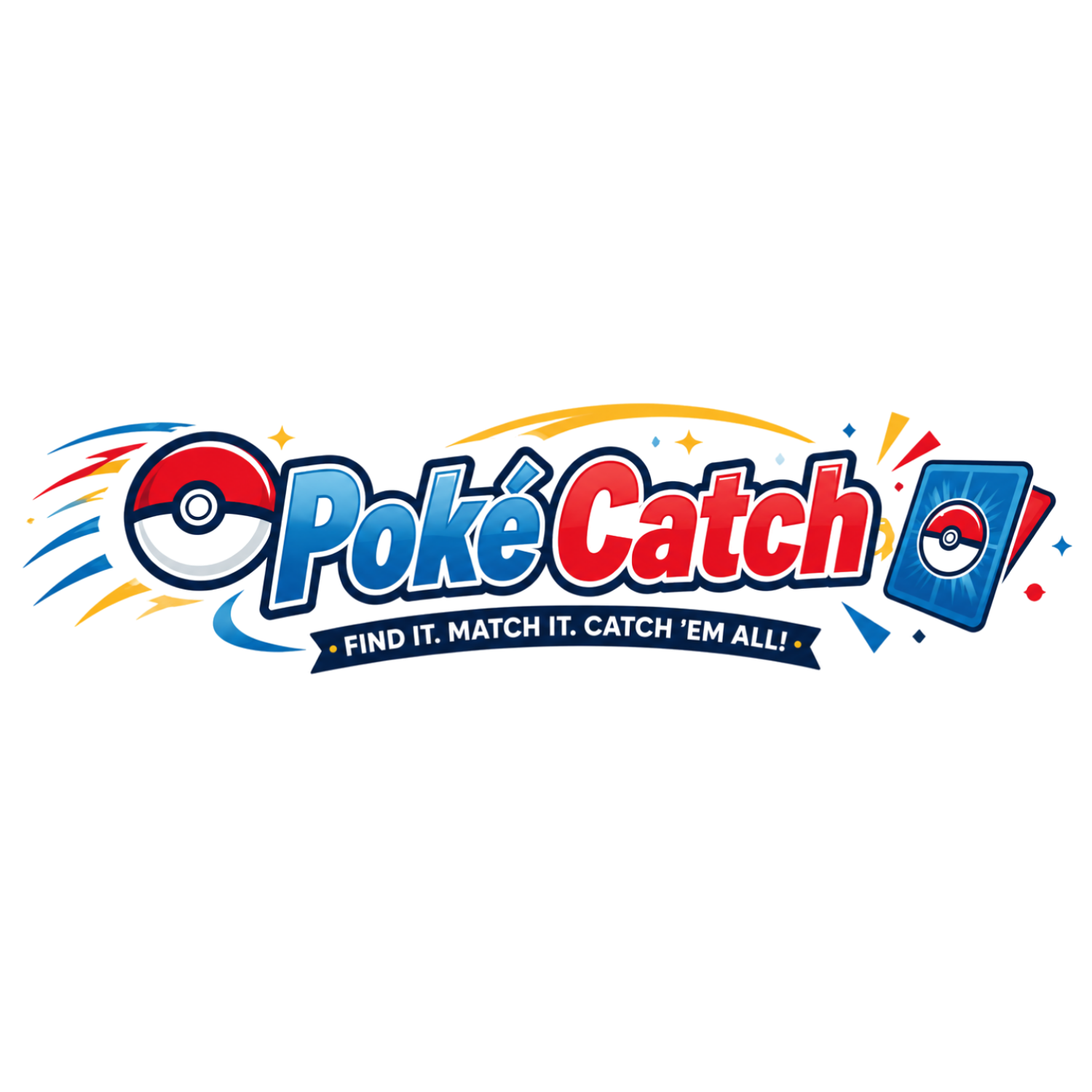 Logo for the game 'Pokémon Catch' featuring a Pokéball, a magnifying glass, and stylized text stating 'Find it. Match it. Catch 'em all'.