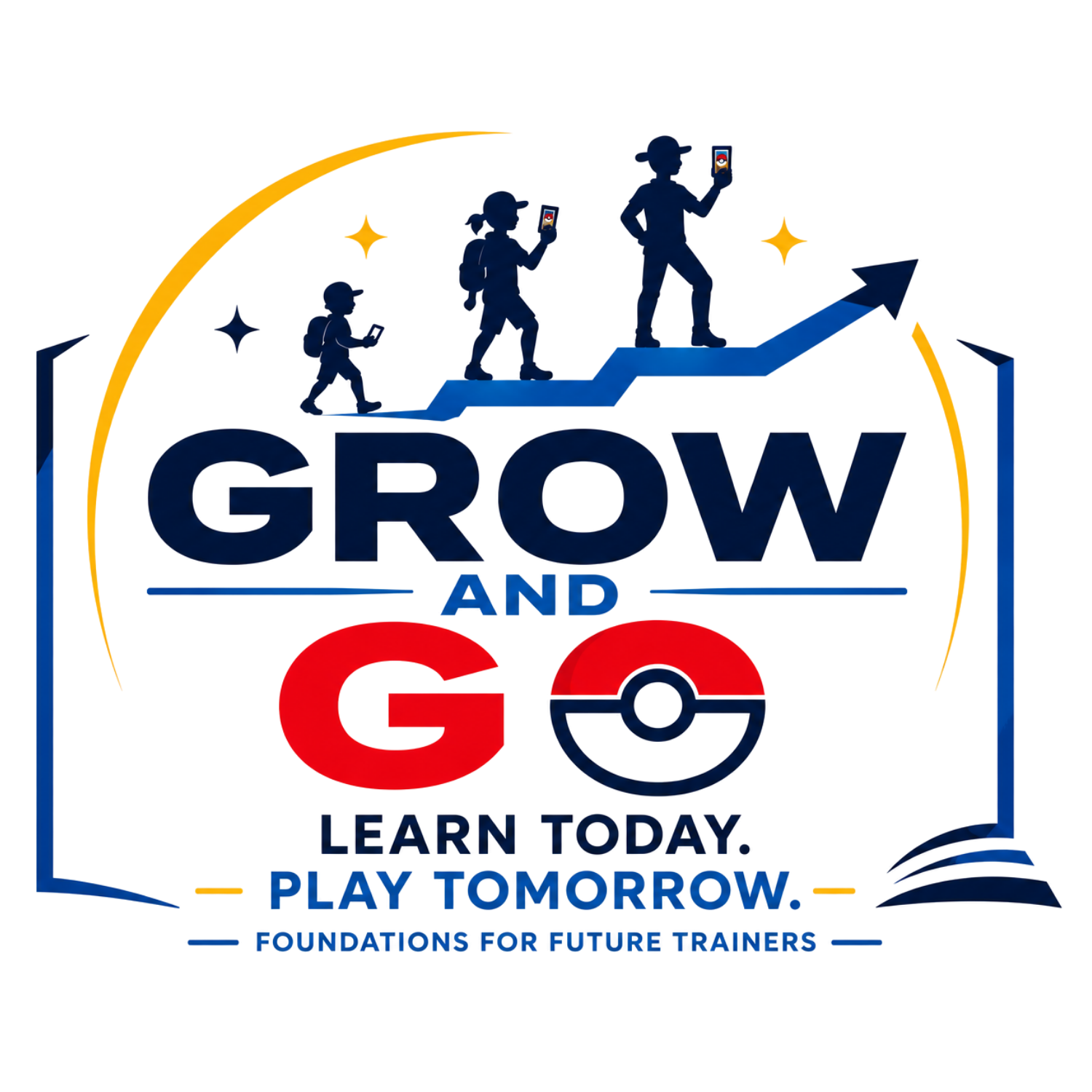 Illustration of children climbing a upward arrow with a sunset background and a road sign, text reading 'GROW AND GO', encouraging learning today and playing tomorrow, promoting future trainers.