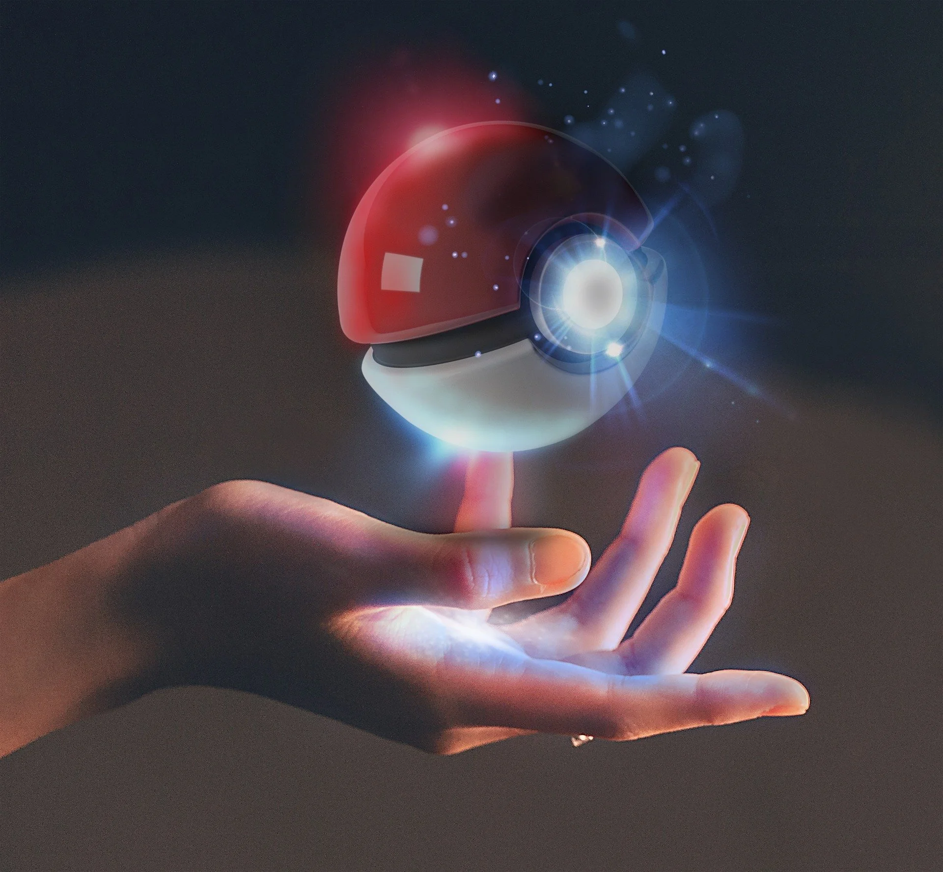 Person holding a futuristic device that emits bright light and digital effects, with a dark background.