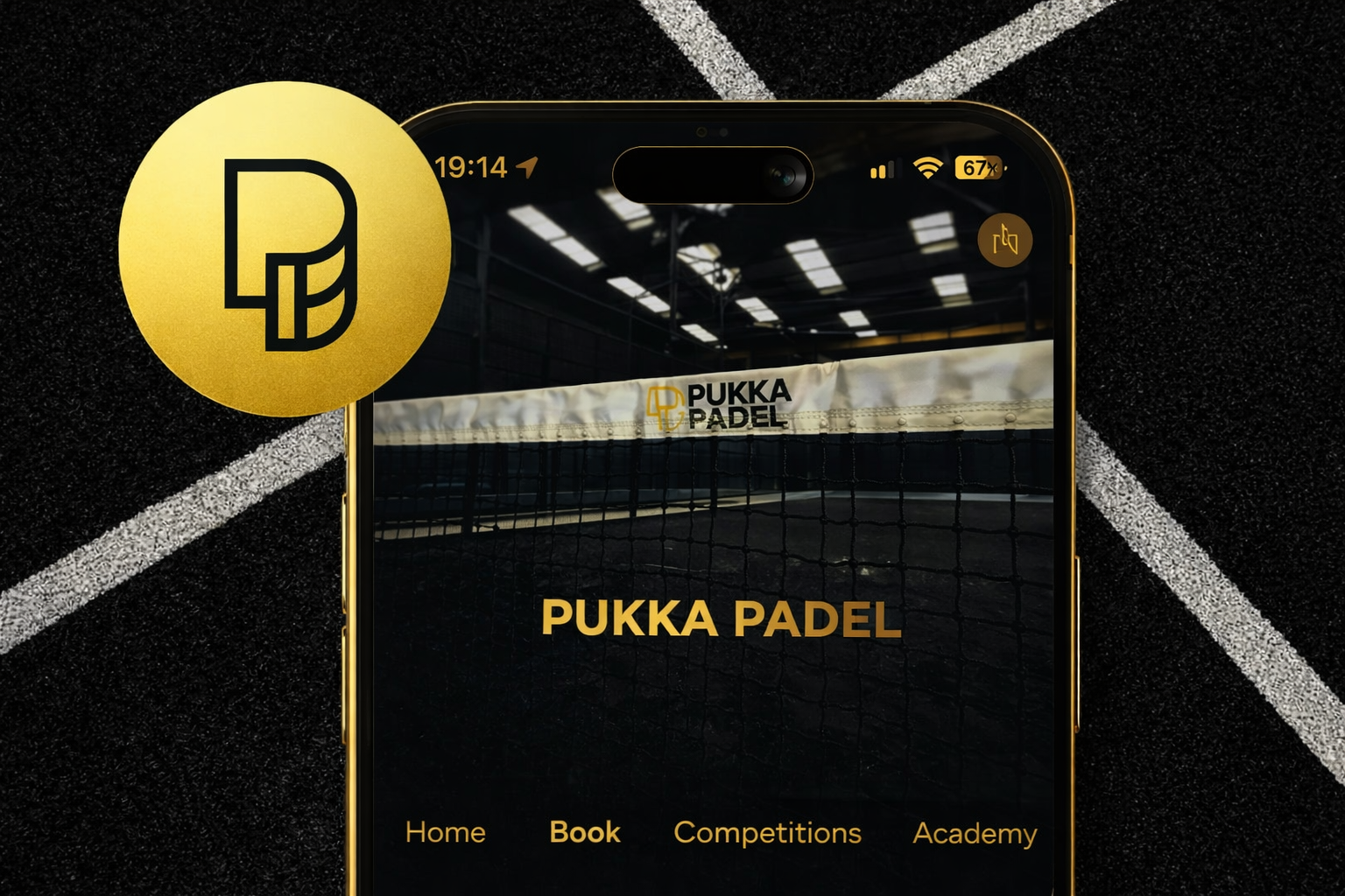A smartphone displaying the Pukka Padel app interface on a black and gold themed padel court background.