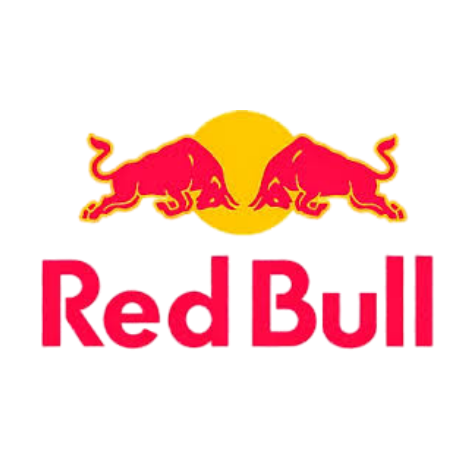 Red Bull logo featuring two red bulls charging towards each other in front of a yellow circle with the text 'Red Bull' below in red.