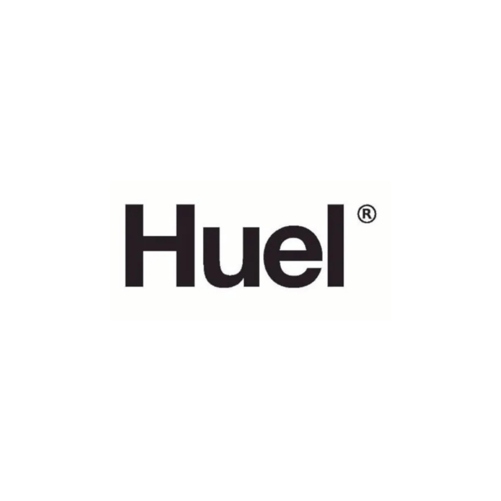 Huel logo in black text inside a white circle with a black background.