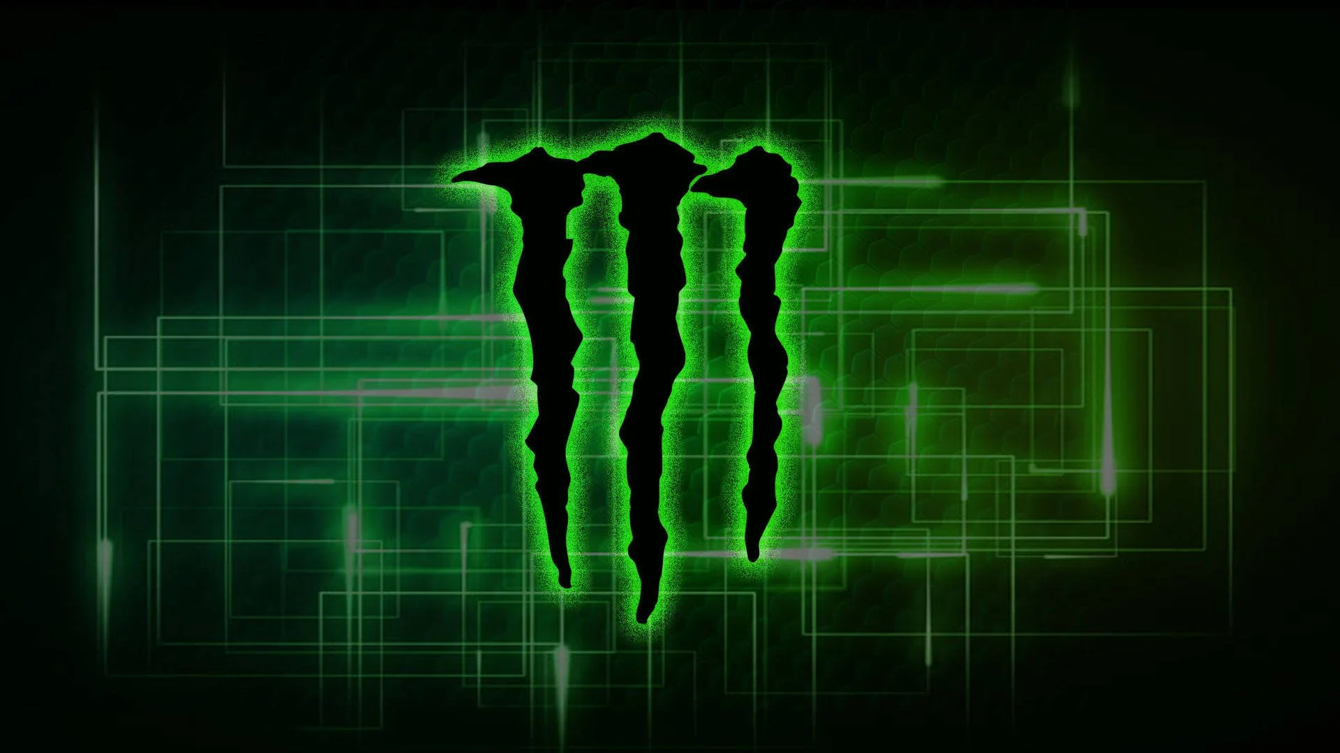 Green digital background with a black, stylized Monster Energy logo in the center.
